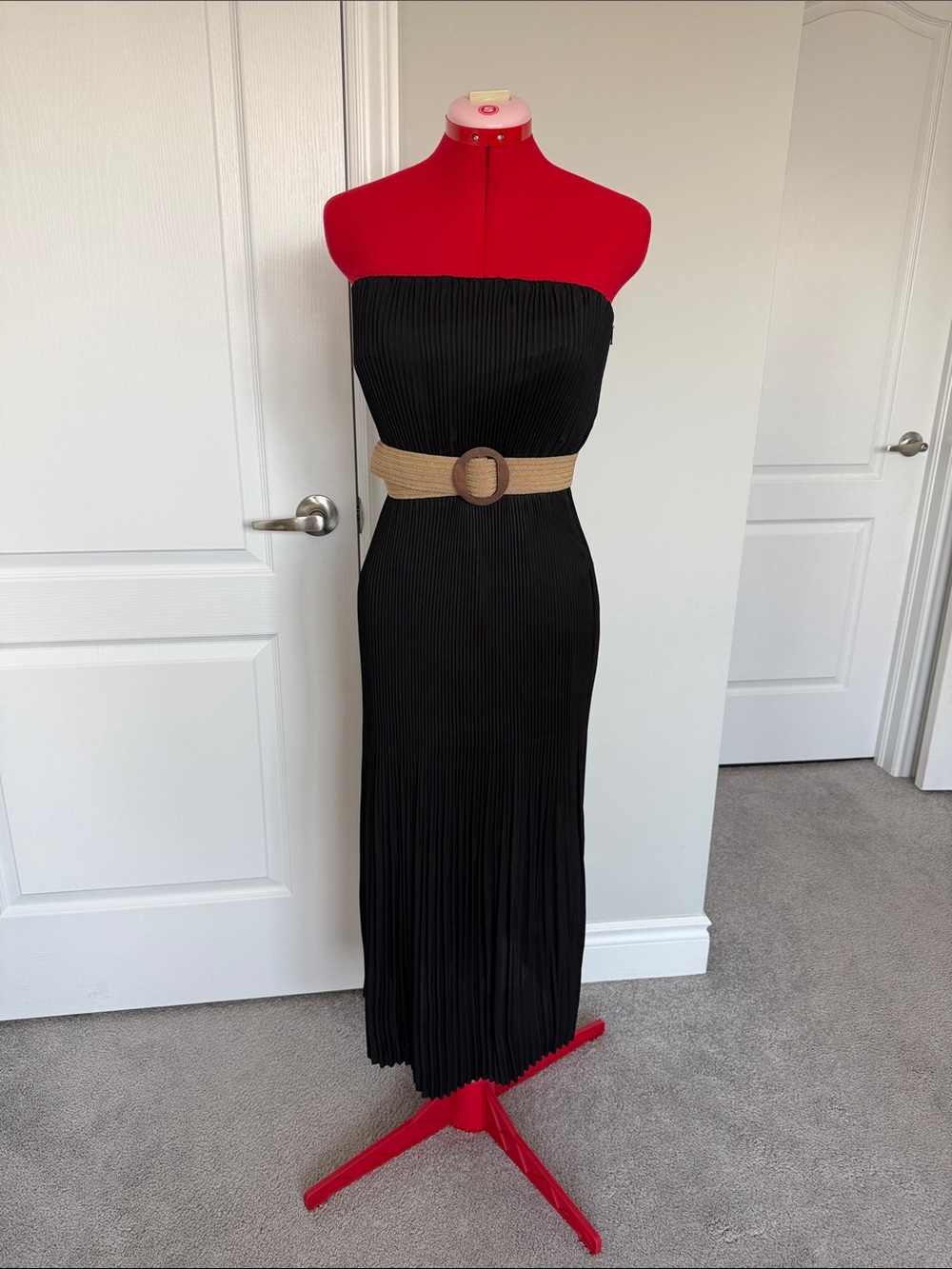 Babaton Black Strapless Pleated Maxi Dress with Tan Belt